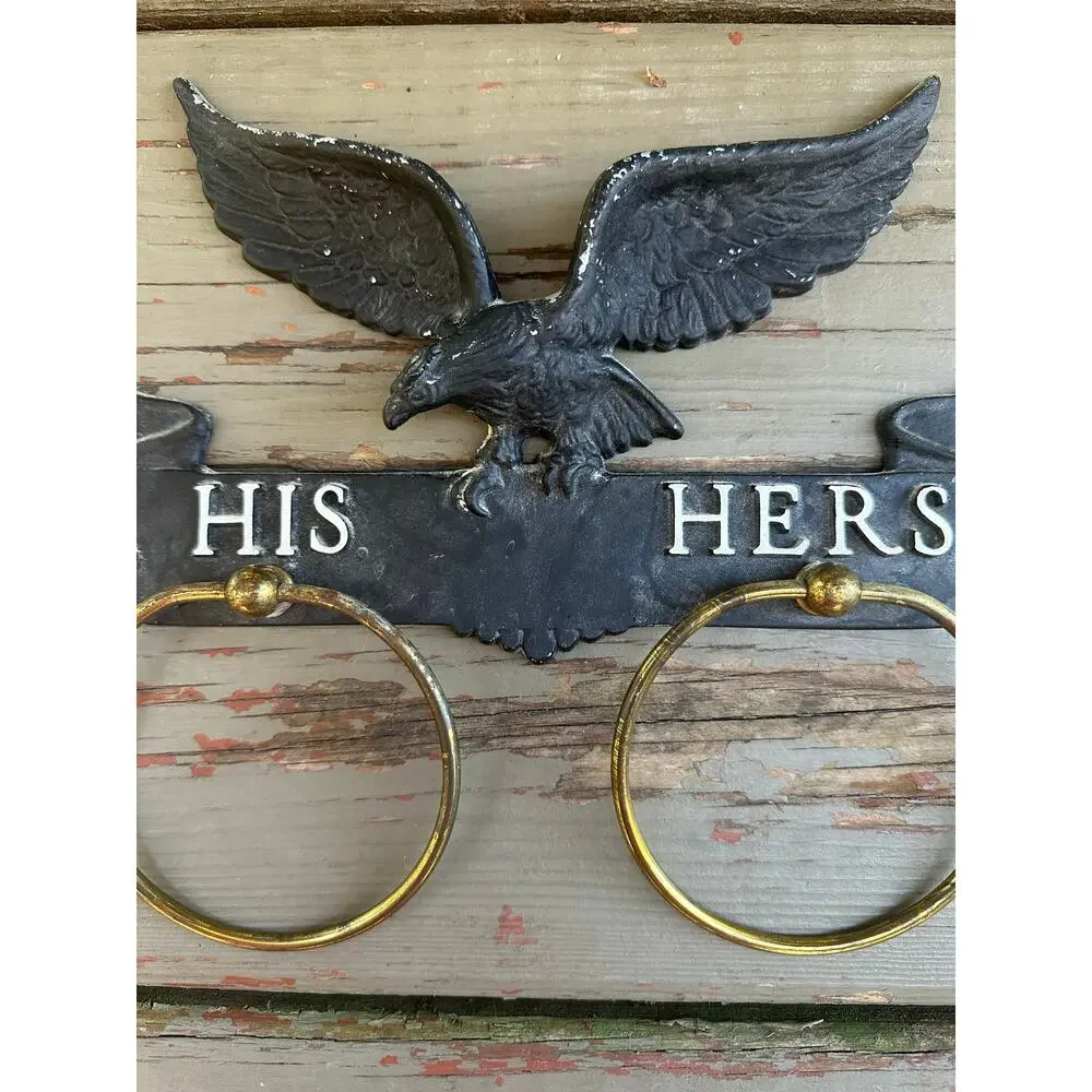 Vintage eagle Towel Holder HIS/HERS wall mound FMIG cast iron gold black
